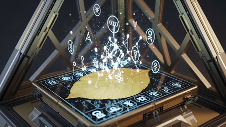 Golden showing golden leaf on a digital tablet surrounded by holographic symbols within a...