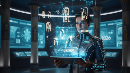 Interface showing woman in futuristic attire interacting with a holographic interface displaying...