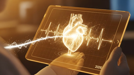 A tablet a glowing 3D heart model with an ECG line and a data stream, suggesting medical technology.