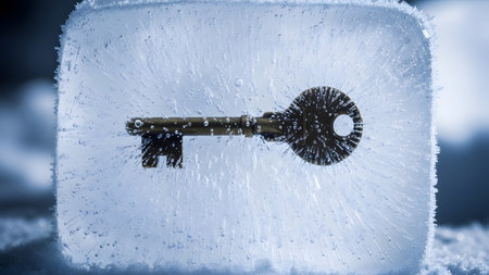 Detailed showing ornate vintage key encased in a block of ice with radiating frost patterns and...