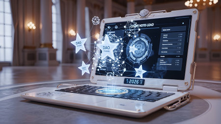 Year showing ornate white laptop with metallic accents holographic stars and network data with...