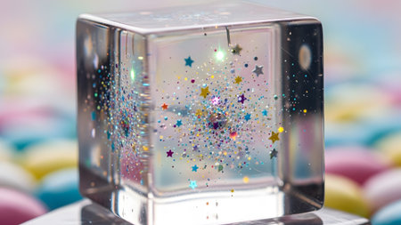 Resin showing clear resin cube with glitter stars and bubbles against a pastel blurred...の写真素材