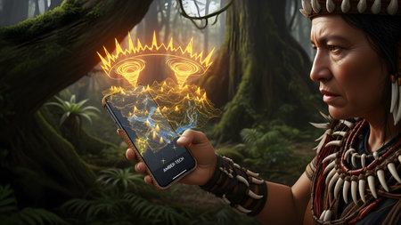 An indigenous woman in a forest holds a smartphone displaying a glowing holographic map of the...の写真素材