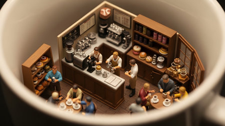 White showing miniature diorama of a bustling coffee shop scene inside a white ceramic mug with...
