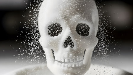 A detailed close-up of a white granular sugar skull sculpture with sugar crystals falling and...の写真素材