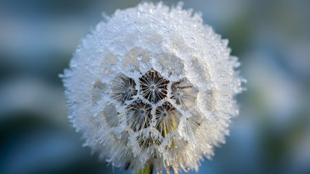 Frosted showing close-up of a frosted dandelion seed head with delicate ice crystals and water...の写真素材