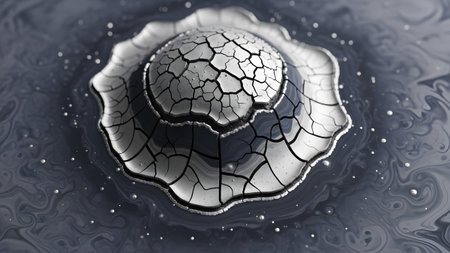 A detailed close-up of a cracked earth sphere with a textured surface floating in dark swirling...の写真素材