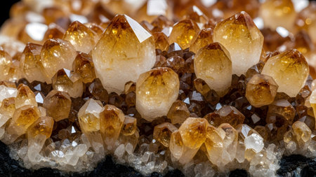 Macro view of a cluster of natural citrine crystals with warm amber and golden hues, showing...