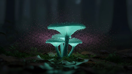 Glowing turquoise mushrooms with dew drops and pink mist in a dark, mossy forest setting.の写真素材