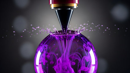 Patterns showing fountain pen nib creating a splash in a purple liquid sphere with swirling...の写真素材