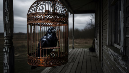 Stock showing black raven perched inside an ornate rusty metal birdcage hanging on a weathered...の写真素材