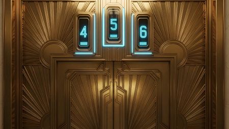 Stock showing golden deco elevator doors with illuminated floor numbers. resolution