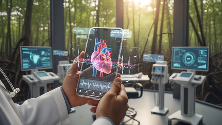 A doctor holds a smartphone displaying a holographic 3D heart model and medical data in a...