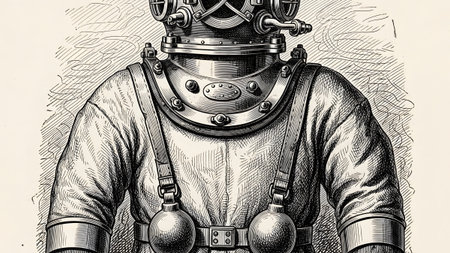 Vintage showing close-up of vintage diving suit helmet and shoulders with brass accents on a...の写真素材