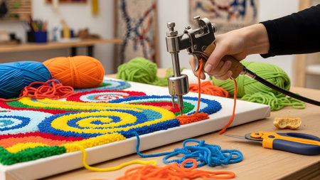 A tufting gun creates a vibrant spiral pattern on canvas surrounded by colorful yarn....の写真素材