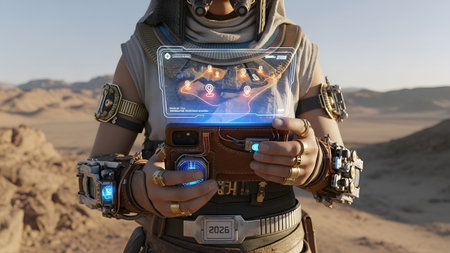 Fiction showing futuristic explorer in desert holding smartphone displaying holographic map with...の写真素材