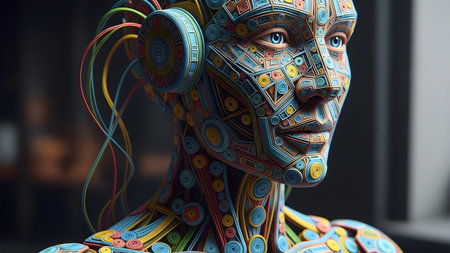 A detailed close-up of a robotic head covered in colorful geometric patterns and intricate...