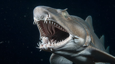 Nature showing close up of a dangerous shark with its mouth open showing sharp teeth and gums in...の写真素材