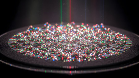 Colorful showing colorful lights reflecting on a liquid surface with raised peaks and troughs in...