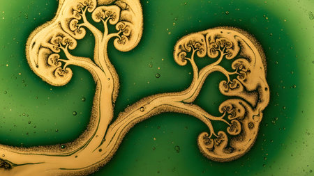 Stock showing abstract tree-like structures in gold on green background with bubbles.