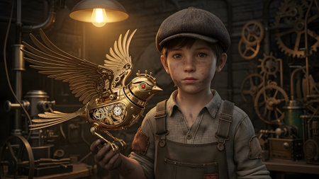Bird showing boy in cap and overalls holding a golden mechanical bird in a dimly lit steampunk...の写真素材