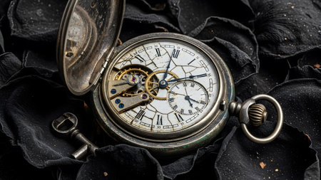 Antique silver pocket watch with a key and exposed gears, resting on dark black petals....の写真素材