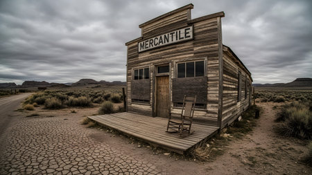 Earth showing abandoned wooden mercantile building in a barren desert landscape under cloudy skies.の写真素材
