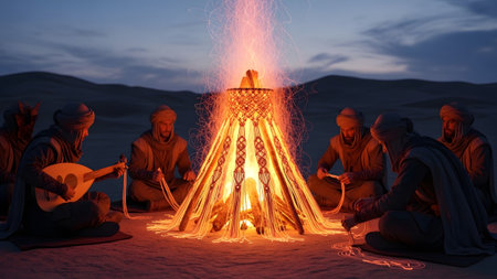 Men in traditional desert garb sit in a circle around a tall, blazing bonfire at night, one...