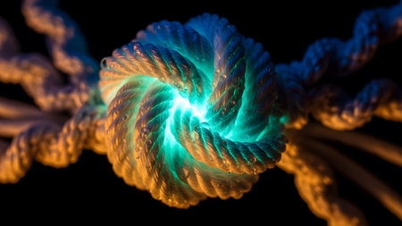A macro shot of a knotted rope with bright, vibrant blue light radiating from its center,...の写真素材
