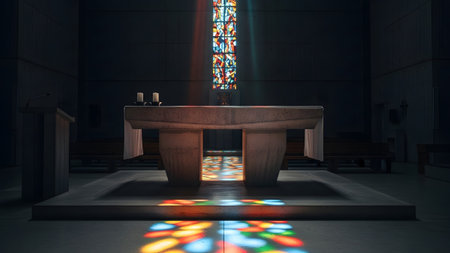 Glass showing church altar with stained glass window and colorful light reflections.