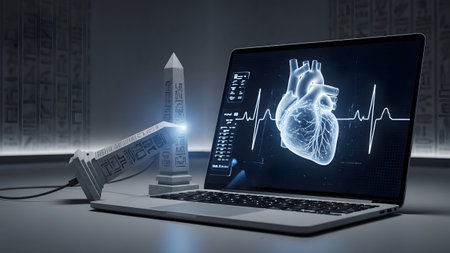 A laptop screen a glowing blue human heart and EKG waveform beside two ancient Egyptian obelisks...