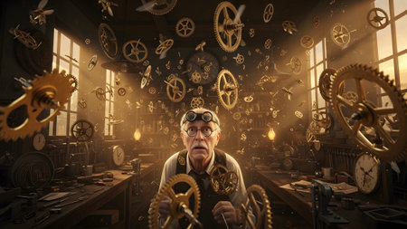 Steampunk showing astonished elderly inventor with goggles surrounded by swirling golden clock...の写真素材