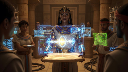 Kemet showing ancient egyptian woman presenting advanced holographic technology to her people....の写真素材