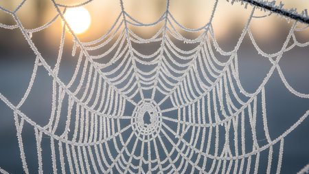 Intricate frost-covered spiderweb with delicate ice crystals against a softly blurred sunrise.の写真素材