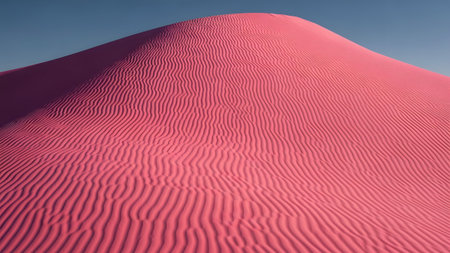 Bright showing close-up of bright pink sand dune with detailed wind ripples and clear blue sky....