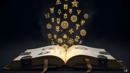 Stock showing antique grimoire with golden occult symbols floating upwards. resolution...