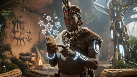 An African man in traditional clothing and glowing armbands uses a smartphone projecting a...の写真素材