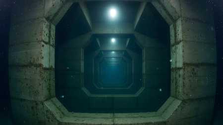 Looking through a dark, octagonal concrete tunnel underwater with lights creating a sense of...の写真素材