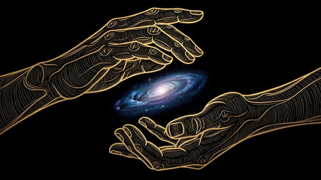 Two golden outlined hands reach out towards a colorful spiral galaxy floating in a dark,...の写真素材
