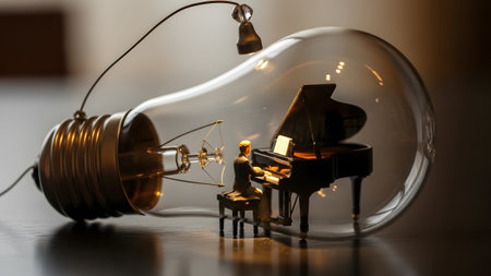 Glass showing miniature grand piano and pianist inside a clear glass light bulb on a table.の写真素材