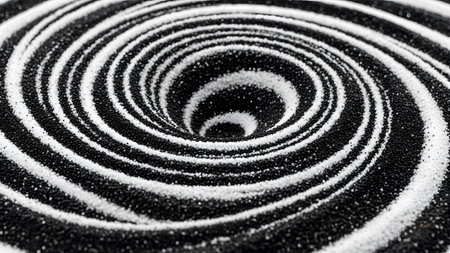 White showing black and white concentric circles of granular forming a deep vortex.の写真素材
