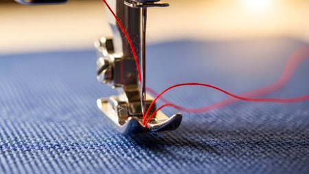 Extreme close-up of a sewing machine needle and red thread piercing a textured blue fabric.
