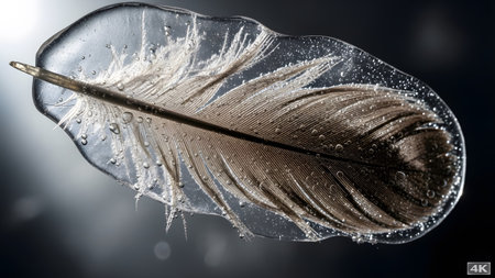 Dark showing brown feather encased in clear ice with air bubbles and water droplets against a...