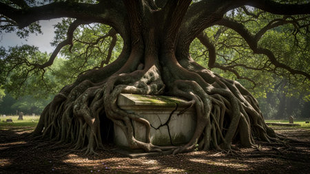 Sarcophagus showing ancient oak tree roots enveloping a cracked stone sarcophagus in a cemetery....の写真素材