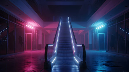 Neon showing abandoned mall escalator illuminated by vibrant pink and blue neon lights creating...の写真素材