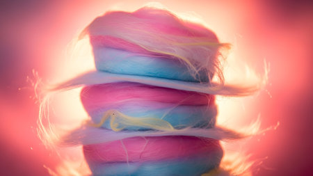 Stacked showing abstract close up of stacked pink blue and yellow cotton candy with wispy...の写真素材