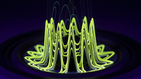 Neon showing abstract neon yellow sound wave sculpture on dark purple background.