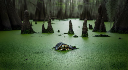 (3389) showing alligator eye peeking above green duckweed covered swamp water with cypress trees...の写真素材