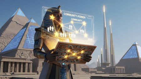 Holographic showing ancient egyptian pharaoh with solar pyramids and holographic community...の写真素材