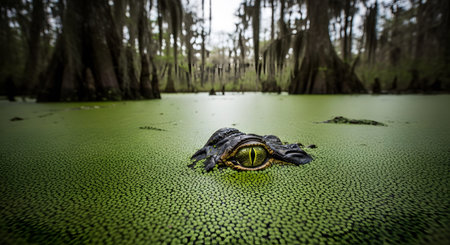 An alligator's piercing eye is visible above a thick green carpet of duckweed in a murky swamp.の写真素材
